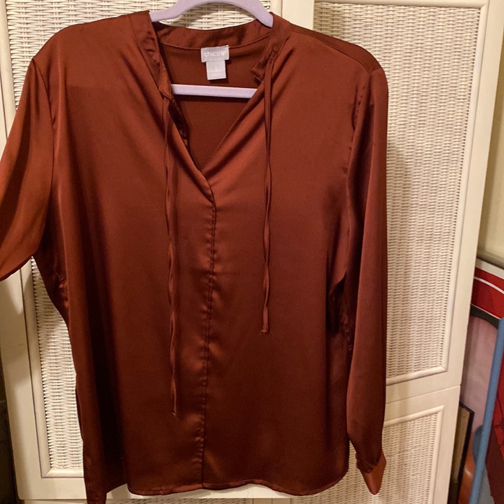 Chico’s sz 2 copper/rust blouse-wear open or tied; asymmetrical neckline, comfy